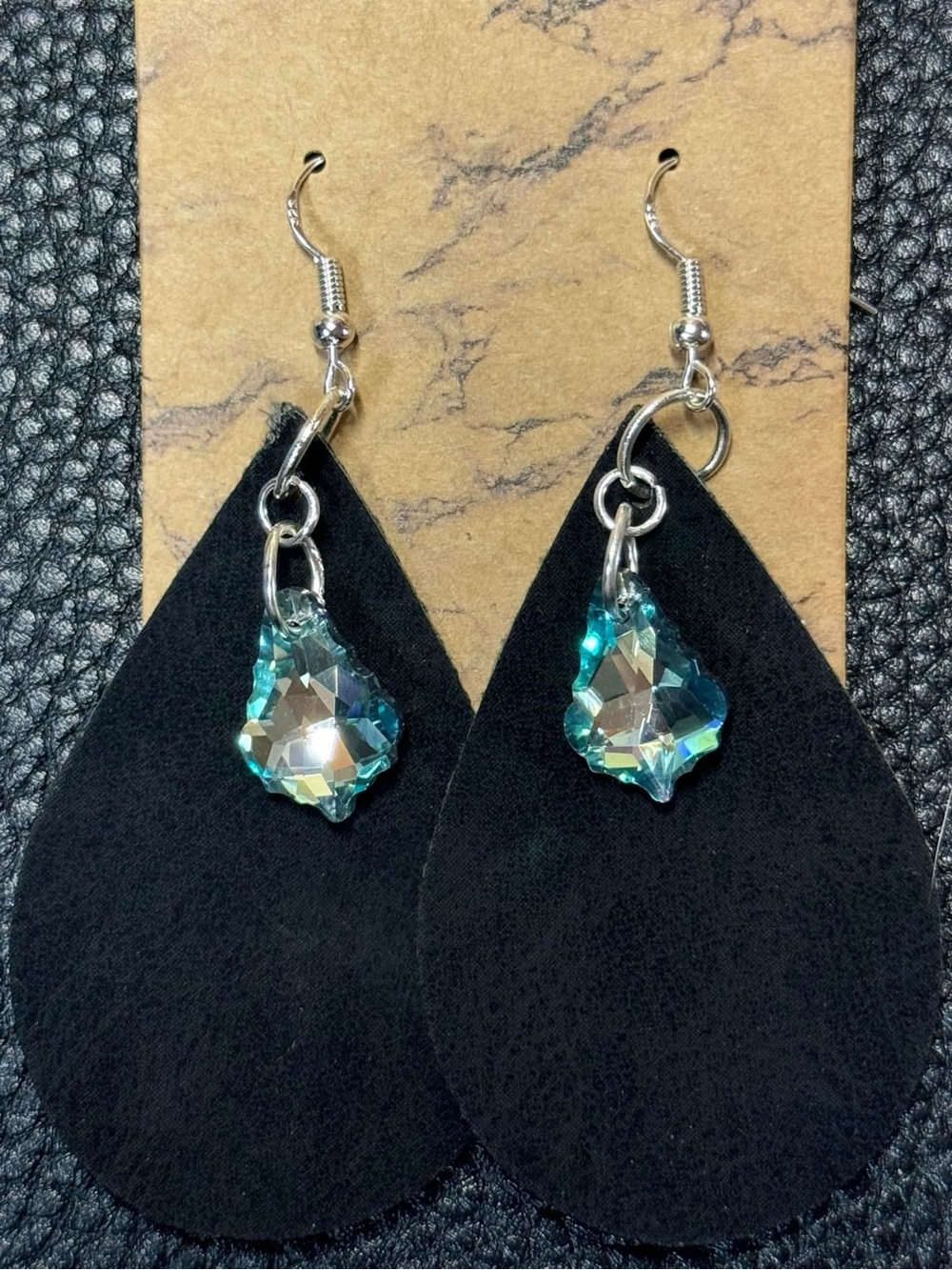 Black Faux Suede Leather Teardrop Earrings with Iridescent Aqua Crystal Drops